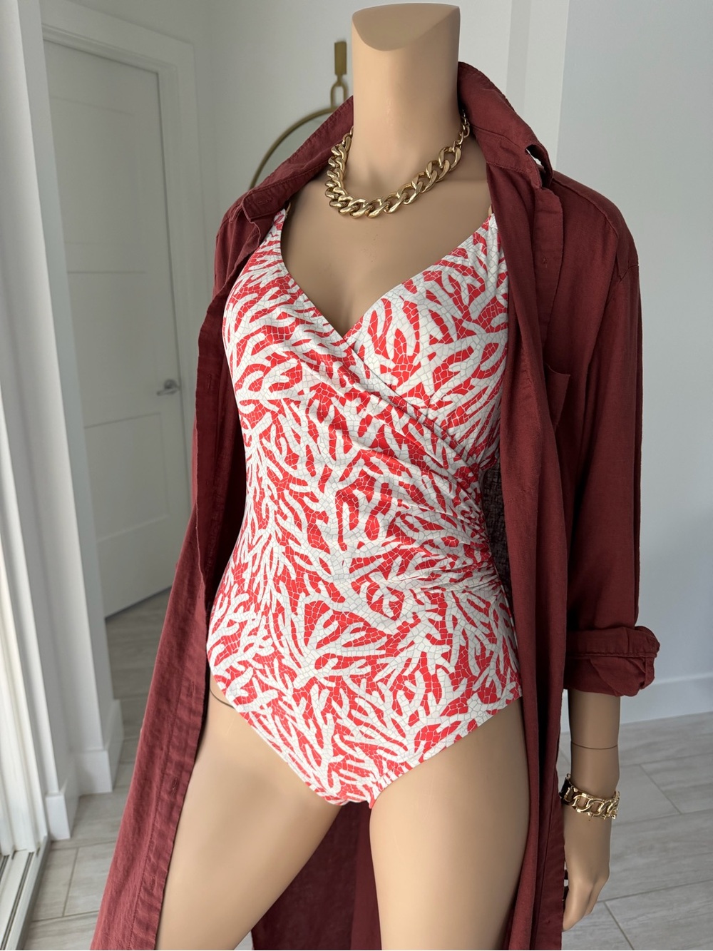 Michael Kors One-Piece Swimsuit — Red & White Coral Mosaic Print Size 12 NWOT